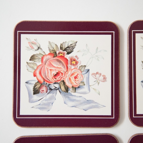 Vintage English Roses & Ribbons Floral Cork Coasters - Set of 4 - Picture 5 of 7